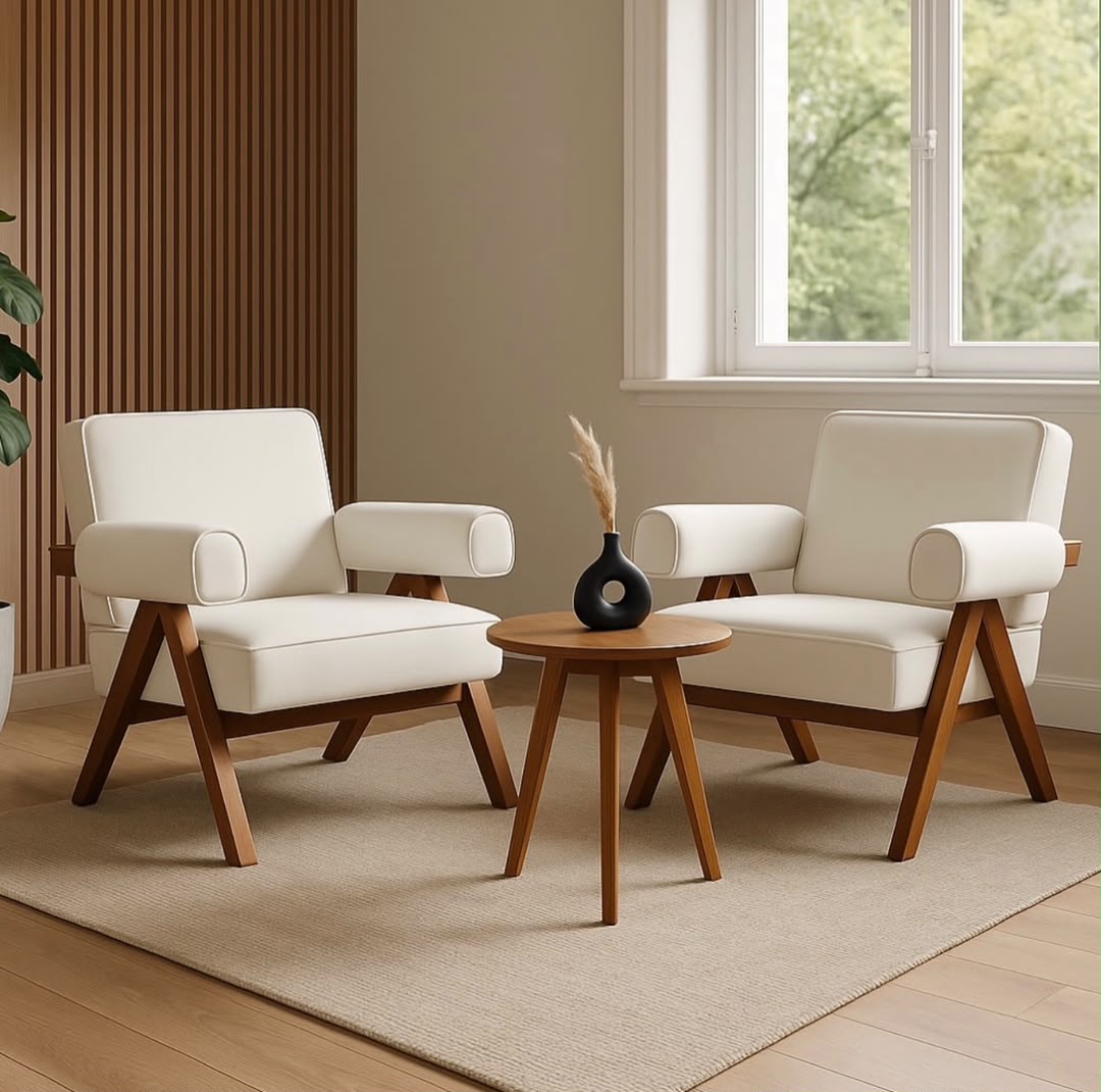 Cream armchairs with wooden frames and side table