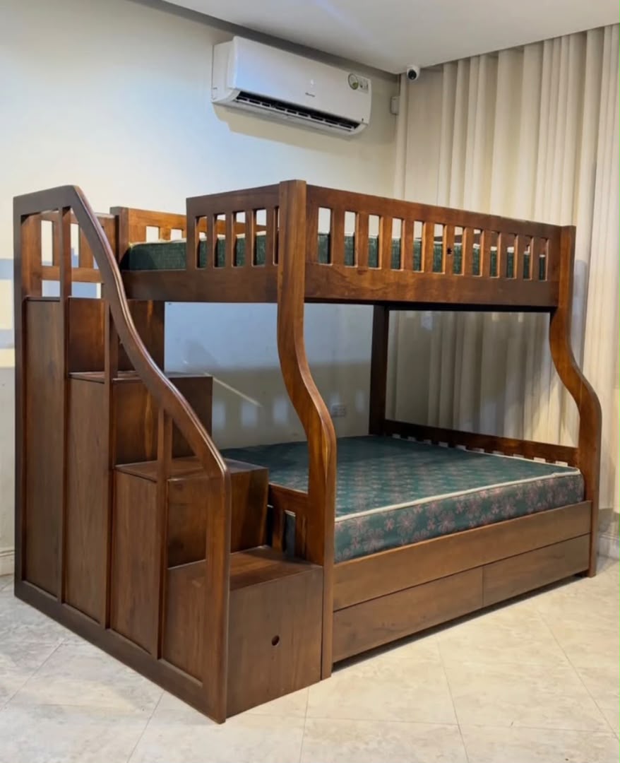 Hardwood bunk bed with stair storage for hostels