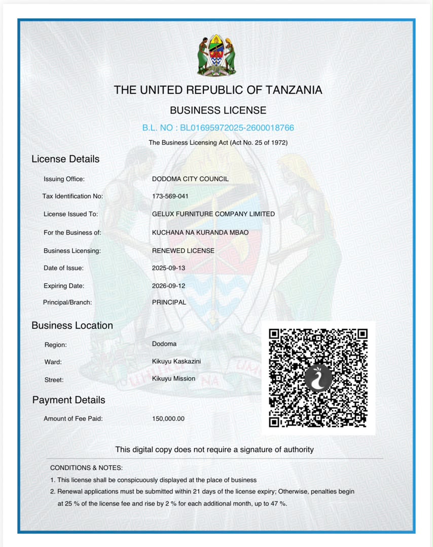 Business licence issued by Dodoma City Council to Gelux Furniture Company Limited