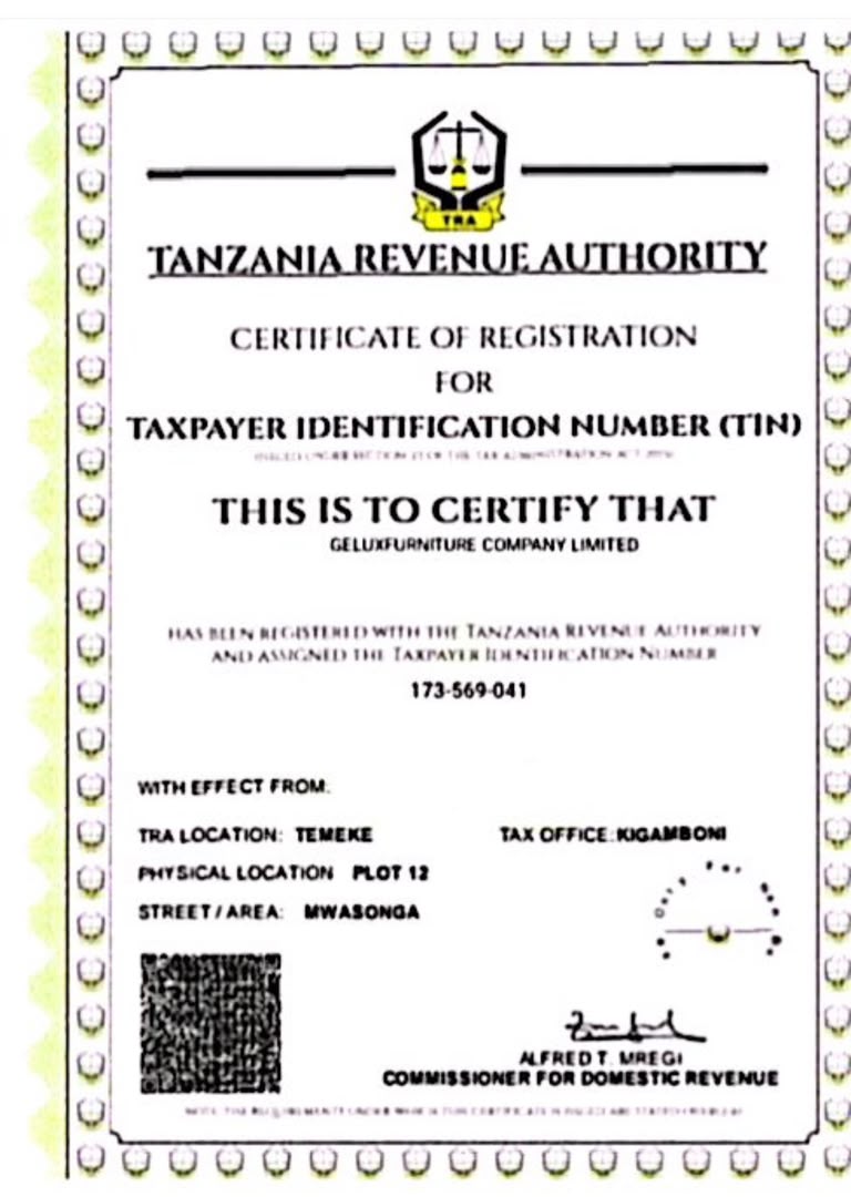 Tanzania Revenue Authority TIN certificate