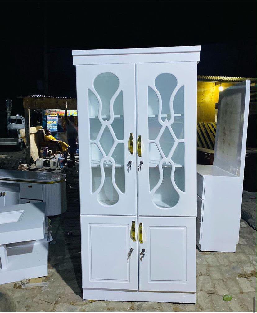White four-door wardrobe with glazed upper panels